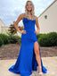 Elegant Blue Mermaid Spaghetti Strap Side Slit Popular Maxi Long Evening Gowns, Formal, Birthday Party, FM479