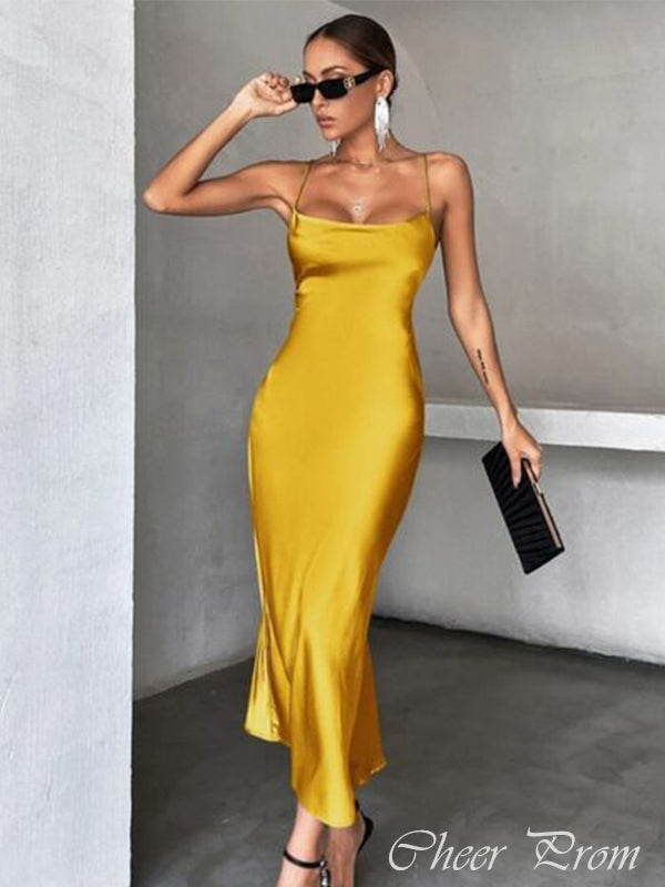 Elegant Yellow Mermaid Spaghetti Strap Popular Maxi&nbsp;Long Evening Gowns, Formal, Birthday Party, FM477