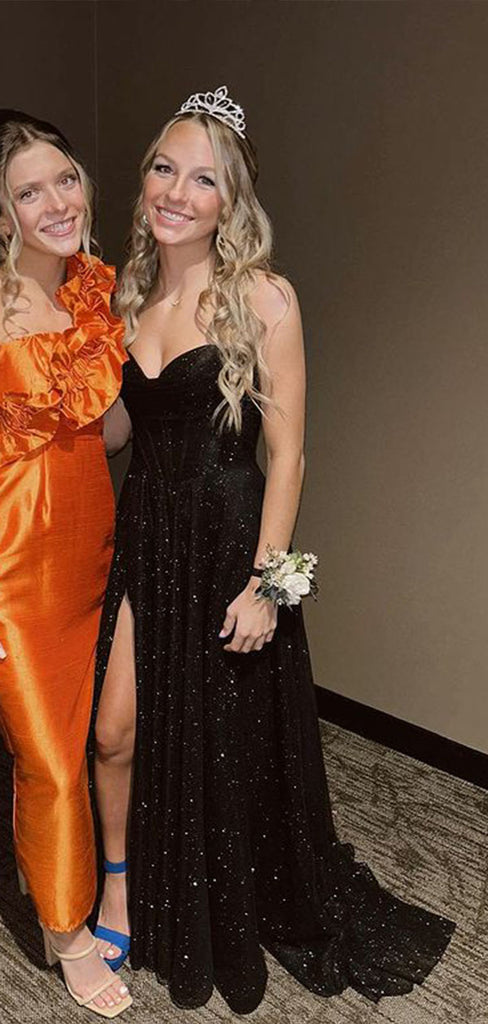 Sexy Black Sweetheart Sleeveless Sequin Side Slit Maxi Long Party Prom Dresses, Evening Gowns, FM350