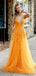 Charming Orange A-Line V Neck Spaghetti Straps Applique Long Party Prom Dresses,Evening Gowns,FM54