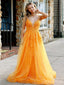 Charming Orange A-Line V Neck Spaghetti Straps Applique Long Party Prom Dresses,Evening Gowns,FM54