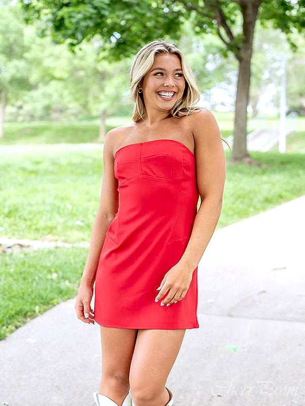 Simple Red Strapless Sleeveless Popular Short Homecoming Prom Dress, CPH220