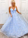 Elegant Baby Blue&nbsp;A-Line Spaghetti Strap Lace Popular Maxi Long Evening Gowns, Formal, Birthday Party, FM487