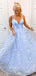 Elegant Baby Blue&nbsp;A-Line Spaghetti Strap Lace Popular Maxi Long Evening Gowns, Formal, Birthday Party, FM487