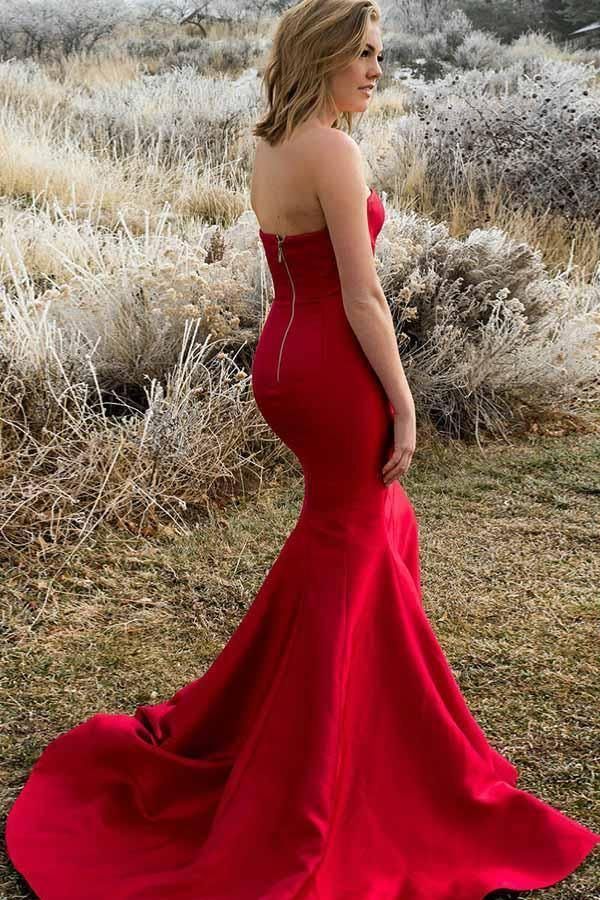 Simple Red Mermaid Strapless Sleeveless With Trailing Long Maxi Party Prom Dresses,Evening Gowns,FM55