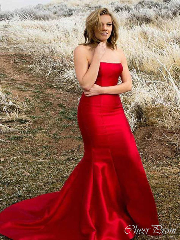 Simple Red Mermaid Strapless Sleeveless With Trailing Long Maxi Party Prom Dresses,Evening Gowns,FM55