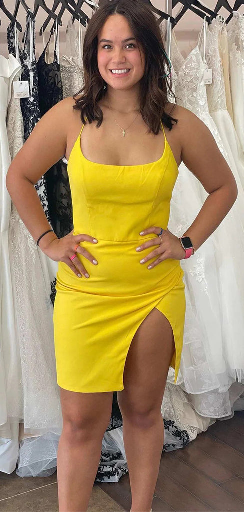 Sexy Yellow Mermaid Spaghetti Strap Side Slit Short Sleeve Pleats Popular Short Homecoming Prom Dress, CPH270