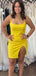 Sexy Yellow Mermaid Spaghetti Strap Side Slit Short Sleeve Pleats Popular Short Homecoming Prom Dress, CPH270