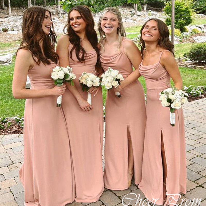 Elegant Pink Spaghetti Strap A-Line Side Slit Square Dresses for Maid of Honor, Bridesmaid Dresses, CP379