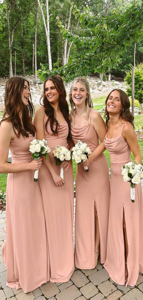 Elegant Pink Spaghetti Strap A-Line Side Slit Square Dresses for Maid of Honor, Bridesmaid Dresses, CP379