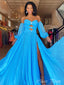 Gorgeous Blue A-Line Sweetheart Side Slit Popular Maxi Long Evening Gowns, Formal Evening Gowns, Birthday Party, FM413