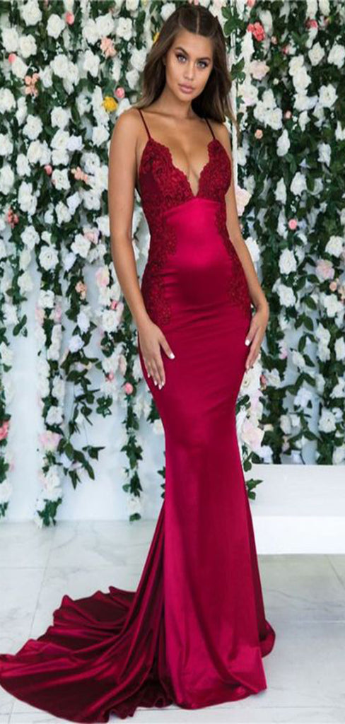 Sexy Burgundy Mermaid V Neck Spaghetti Straps Applique Long Maxi Party Prom Dresses,Evening Gowns,FM56