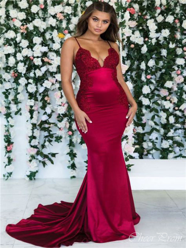 Sexy Burgundy Mermaid V Neck Spaghetti Straps Applique Long Maxi Party Prom Dresses,Evening Gowns,FM56