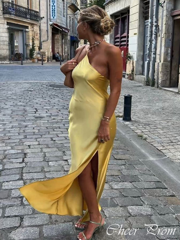 Sexy Yellow Mermaid Halter Strap Side Slit Popular Maxi&nbsp;Long Evening Gowns, Formal, Birthday Party, FM492