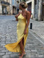 Sexy Yellow Mermaid Halter Strap Side Slit Popular Maxi Long Evening Gowns, Formal, Birthday Party, FM492