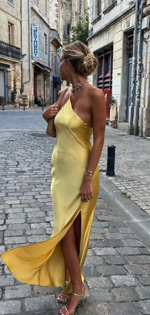 Sexy Yellow Mermaid Halter Strap Side Slit Popular Maxi&nbsp;Long Evening Gowns, Formal, Birthday Party, FM492