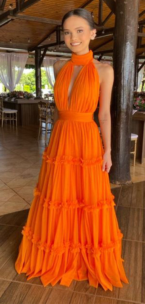 Gorgeous Orange A-Line Halter Strap Popular Maxi Long Evening Gowns, Formal, Birthday Party, FM495