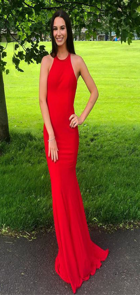 Sexy Red Mermaid Halter Sleeveless Maxi Long Party Prom Dresses,Evening Gowns,FM57