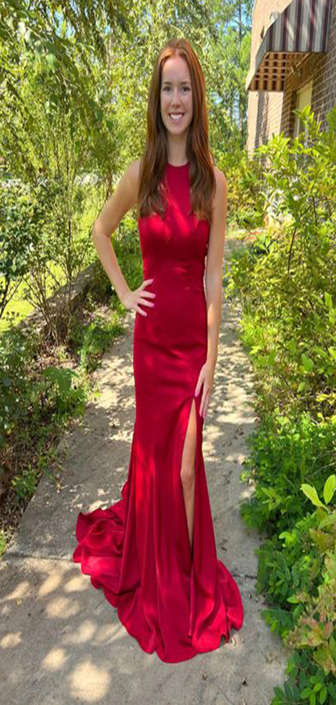 Classy Red Mermaid Halter Side Slit Beading Maxi Long Party Prom Dresses,Evening Gowns,FM58