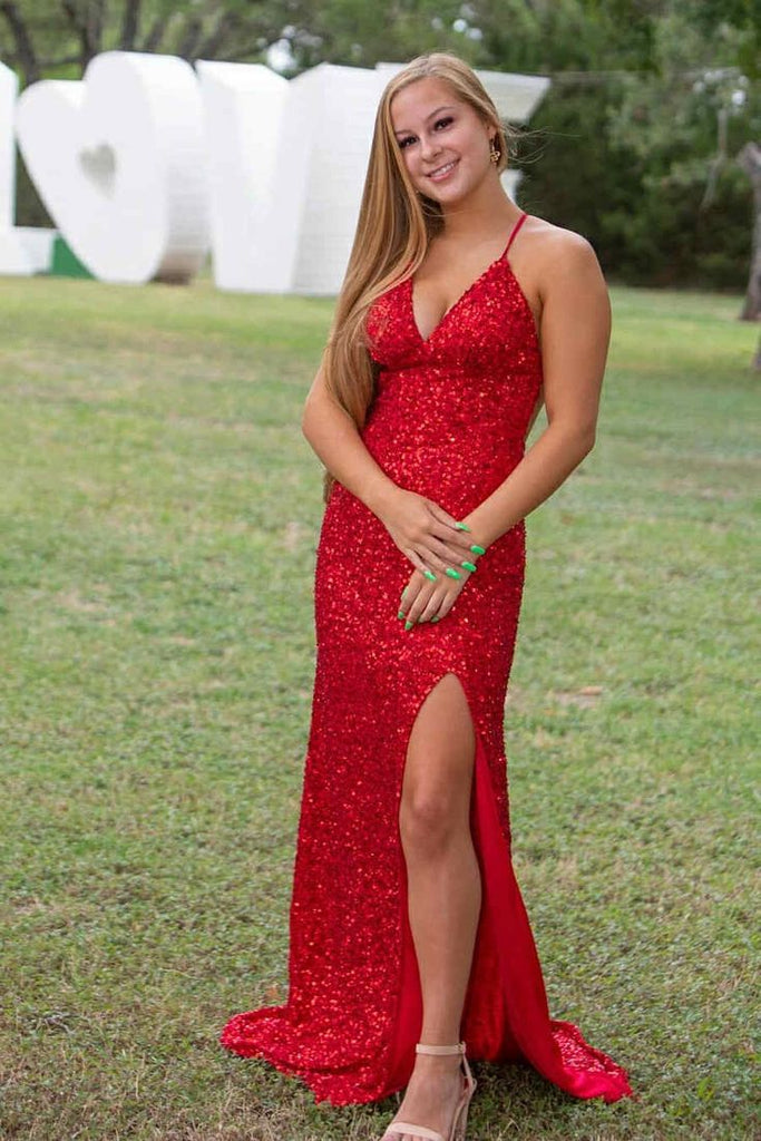 Sparkly Red Mermaid V Neck Side Slit Sequin Long Party Prom Dresses,Evening Gowns,FM59