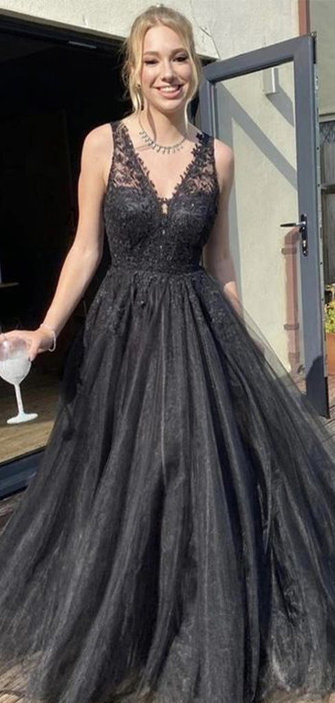 Elegant Black A-Line V-Neck sleeveless Popular Maxi Long Evening Gowns, Formal Evening Gowns, Birthday Party, FM416