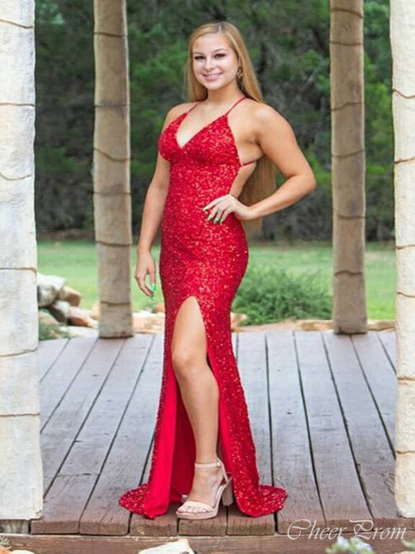 Sparkly Red Mermaid V Neck Side Slit Sequin Long Party Prom Dresses,Evening Gowns,FM59