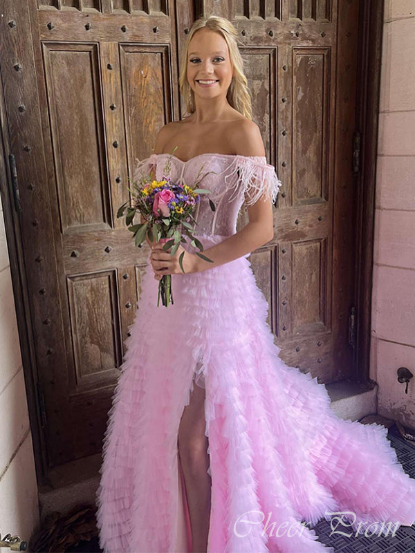 Beautiful Pink A-line Side Slit&nbsp; Sweetheart Off-shoulder Lace Long Dress, Evening Gowns with trailing, Formal Evening Gowns, Birthday Party, FM384