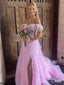 Beautiful Pink A-line Side Slit  Sweetheart Off-shoulder Lace Long Dress, Evening Gowns with trailing, Formal Evening Gowns, Birthday Party, FM384