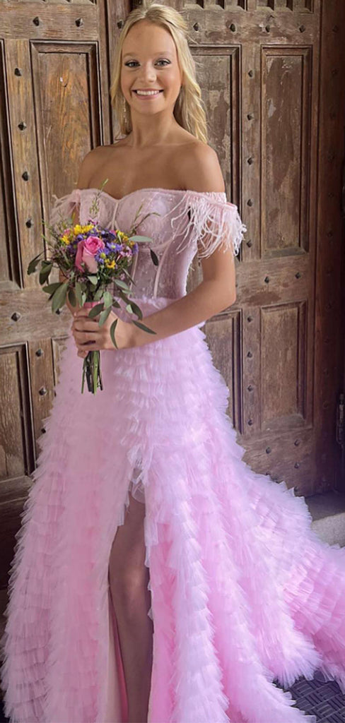 Beautiful Pink A-line Side Slit&nbsp; Sweetheart Off-shoulder Lace Long Dress, Evening Gowns with trailing, Formal Evening Gowns, Birthday Party, FM384