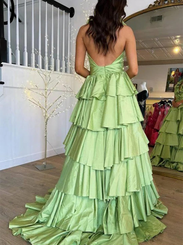 Unique Green A-Line V-Neck sleeveless Popular Maxi Long Evening Gowns, Formal Evening Gowns, Birthday Party, FM417