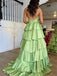 Unique Green A-Line V-Neck sleeveless Popular Maxi Long Evening Gowns, Formal Evening Gowns, Birthday Party, FM417