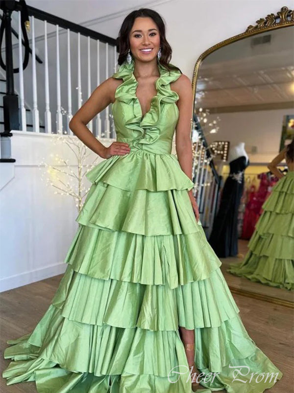 Unique Green A-Line V-Neck sleeveless Popular Maxi Long Evening Gowns, Formal Evening Gowns, Birthday Party, FM417