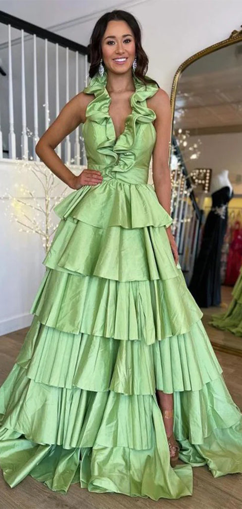 Unique Green A-Line V-Neck sleeveless Popular Maxi Long Evening Gowns, Formal Evening Gowns, Birthday Party, FM417