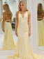 Unique Yellow Mermaid V-Neck Backless Popular Maxi Long Evening Gowns, Formal Evening Gowns, Birthday Party, FM418