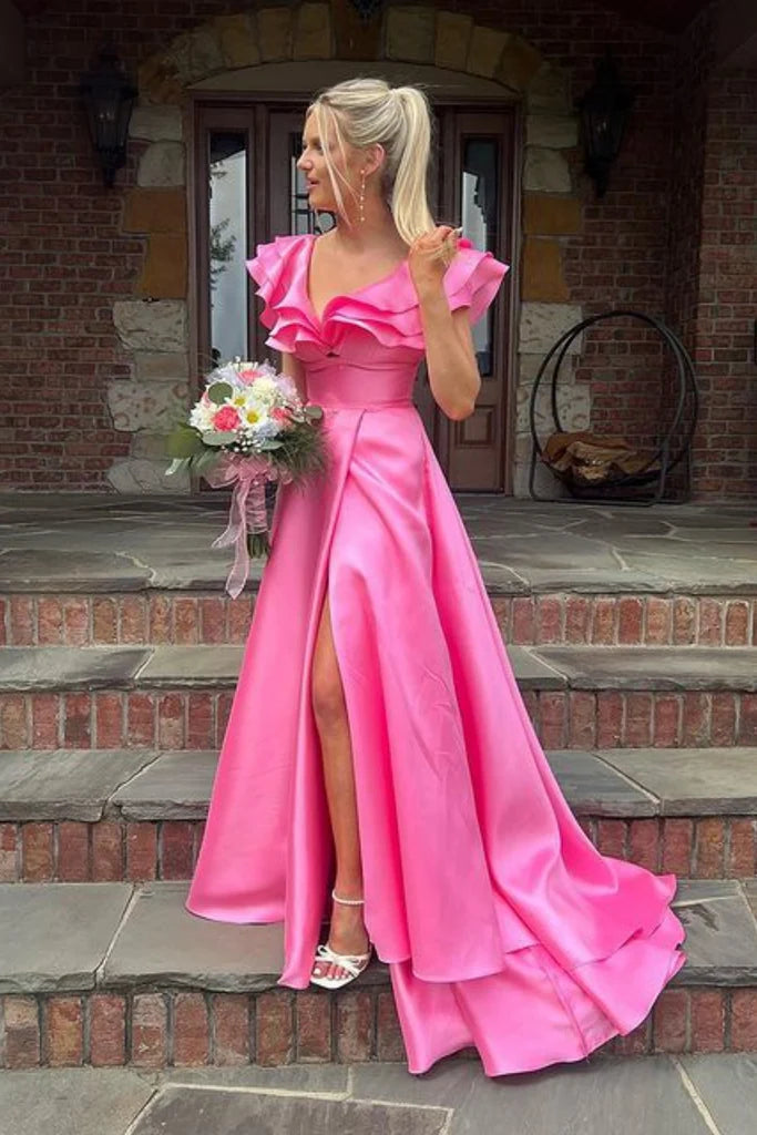 Floral Pink A-Line V Neck Side Slit Ruffle Maxi Long Party Prom Dresses,Evening Gowns,FM64