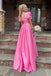 Floral Pink A-Line V Neck Side Slit Ruffle Maxi Long Party Prom Dresses,Evening Gowns,FM64