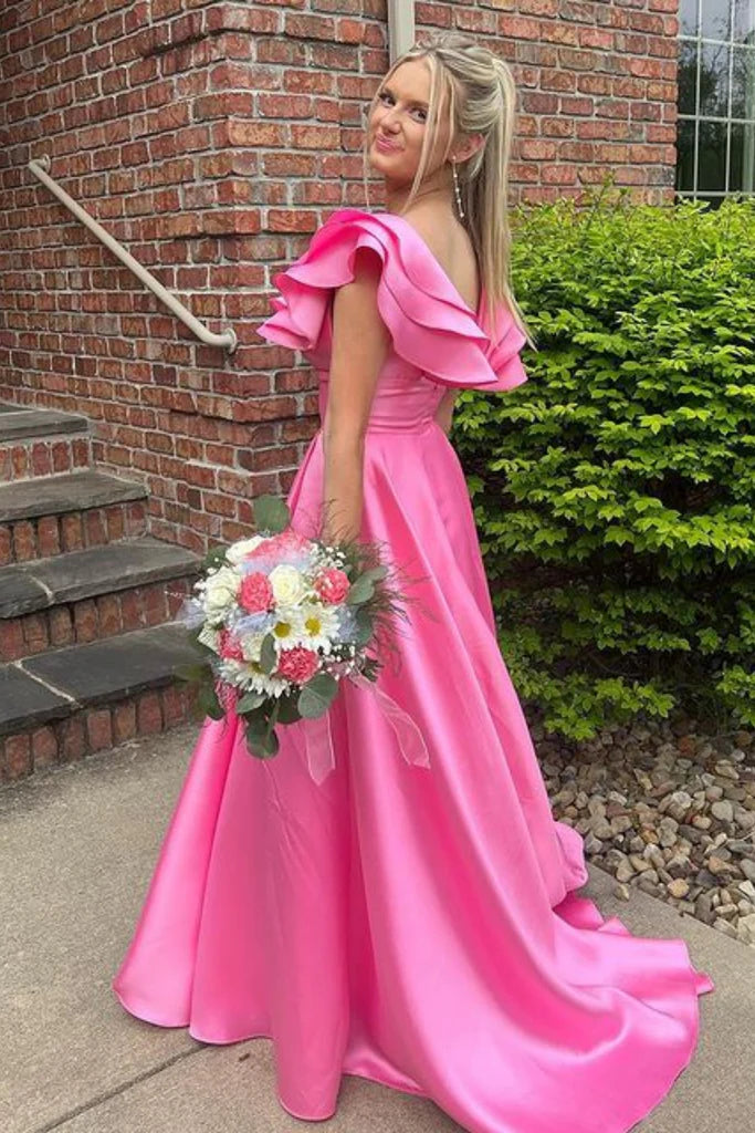 Floral Pink A-Line V Neck Side Slit Ruffle Maxi Long Party Prom Dresses,Evening Gowns,FM64