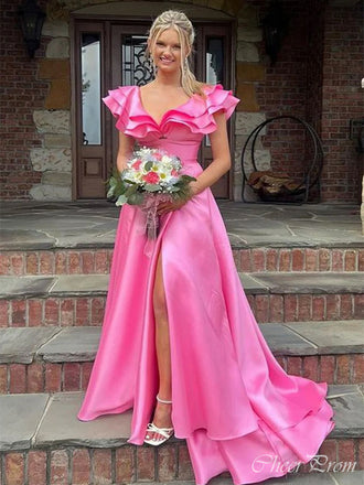 Floral Pink A-Line V Neck Side Slit Ruffle Maxi Long Party Prom Dresses,Evening Gowns,FM64