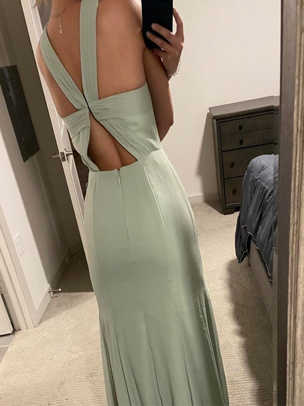 Elegant Green A-Line Cross Strap Side Slit Popular Maxi Long Party Prom Dresses,Evening Dress Online, FM504