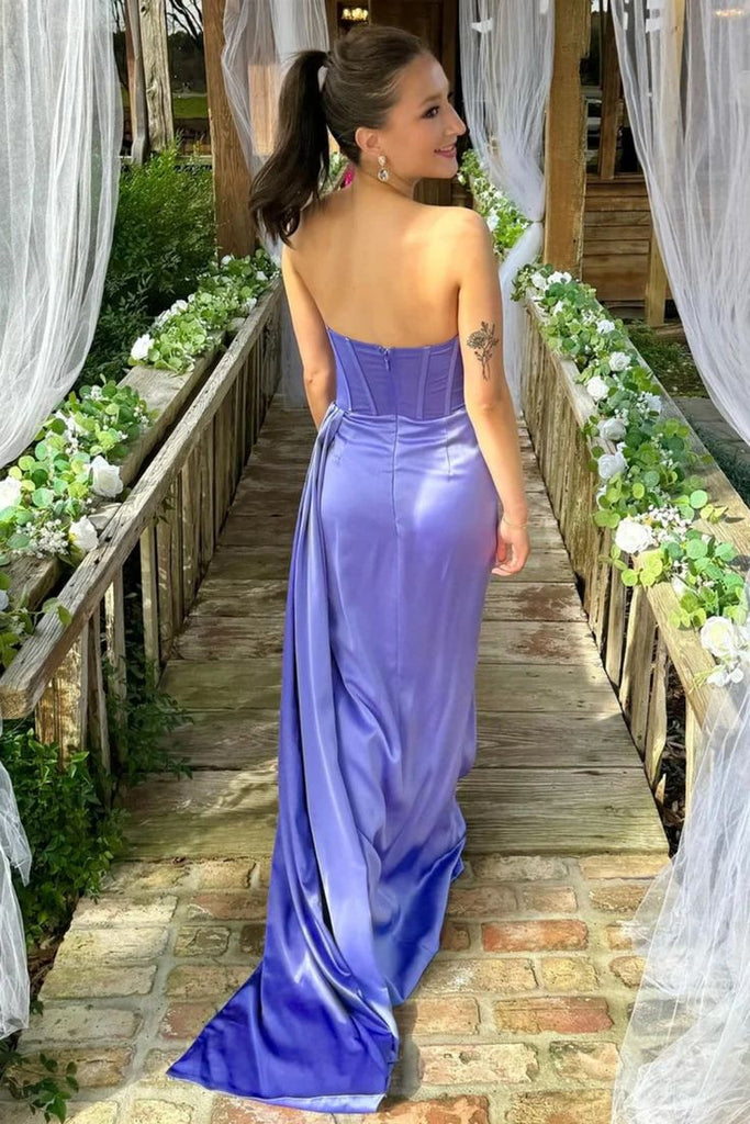 Elegant Lilac Mermaid Strapless Sleeveless Side Slit Maxi Long Party Prom Dresses,Evening Gowns,FM66