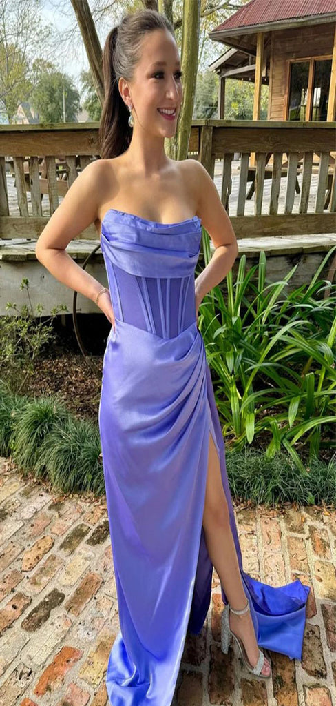 Elegant Lilac Mermaid Strapless Sleeveless Side Slit Maxi Long Party Prom Dresses,Evening Gowns,FM66