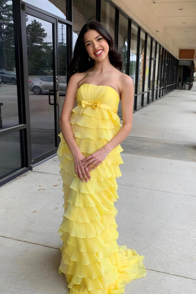 Elegant Yellow A-Line Strapless Sleeveless Ruffle Maxi Long Party Prom Dresses,Evening Gowns,FM67