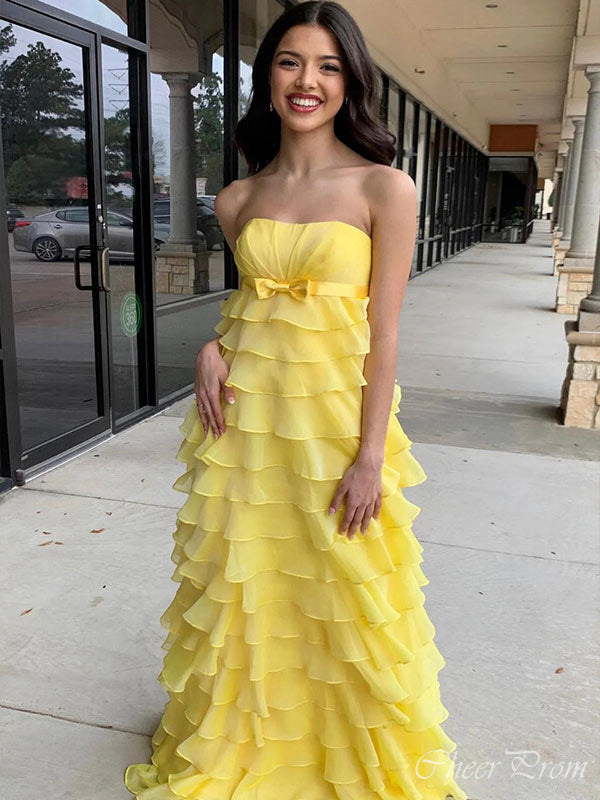 Elegant Yellow A-Line Strapless Sleeveless Ruffle Maxi Long Party Prom Dresses,Evening Gowns,FM67