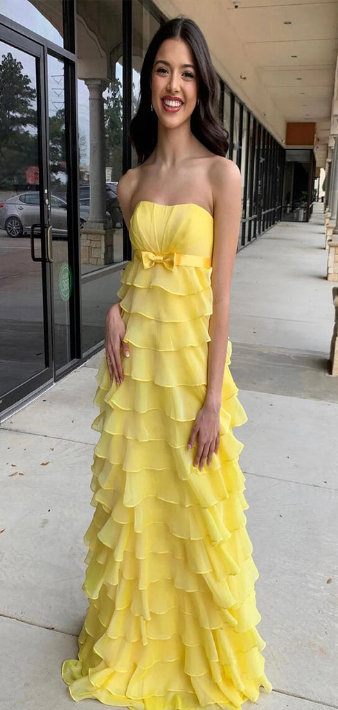 Elegant Yellow A-Line Strapless Sleeveless Ruffle Maxi Long Party Prom Dresses,Evening Gowns,FM67