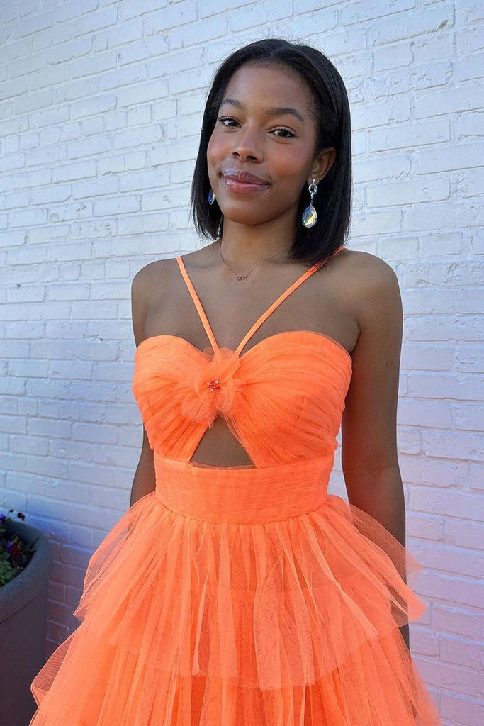 Popular Orange A-Line Spaghetti Straps Ruffle Maxi Long Party Prom Dresses,Evening Gowns,FM69