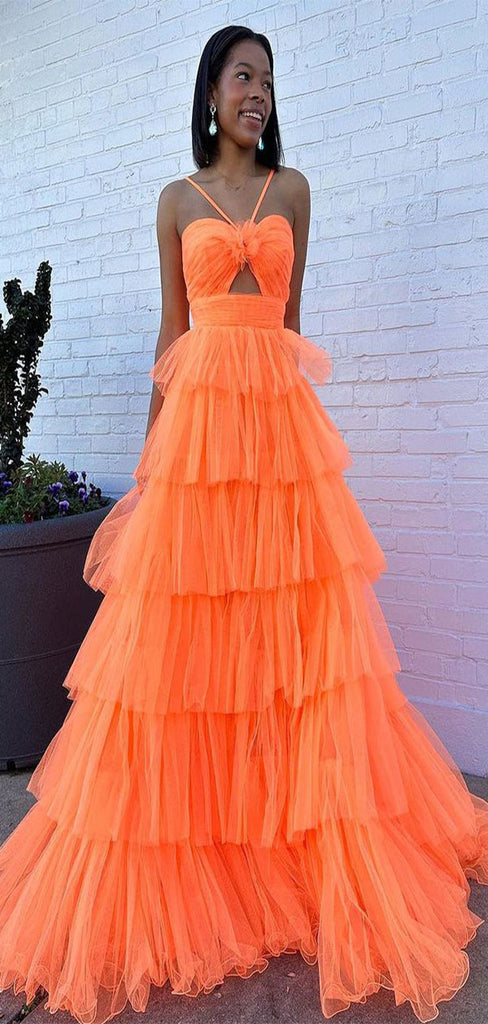 Popular Orange A-Line Spaghetti Straps Ruffle Maxi Long Party Prom Dresses,Evening Gowns,FM69