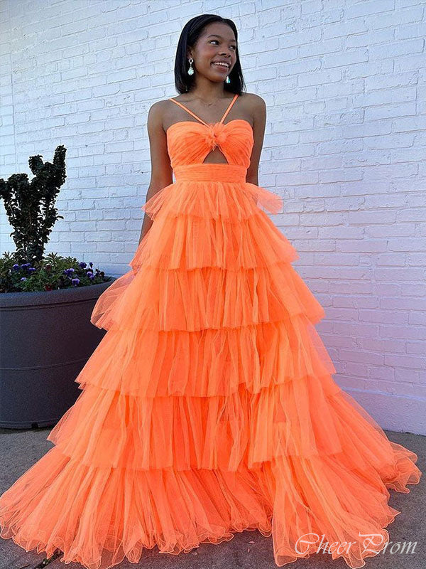 Popular Orange A-Line Spaghetti Straps Ruffle Maxi Long Party Prom Dresses,Evening Gowns,FM69