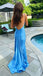 Sexy Blue Mermaid Spaghetti Straps V Neck Sleeveless Backless Maxi Long Party Prom Dresses, Evening Gowns, FM371