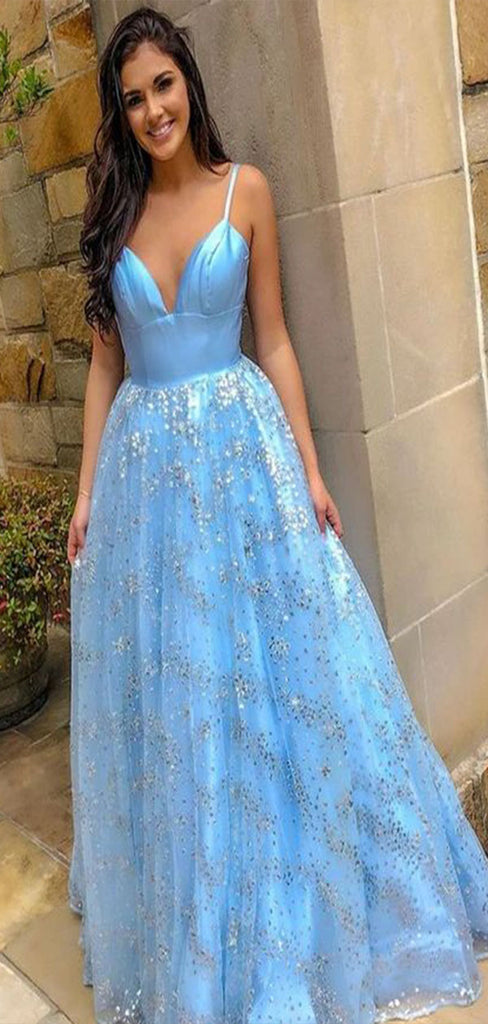 Gorgeous Blue A-Line Spaghetti Straps V Neck Sequin Maxi Long Party Prom Dresses,Evening Gowns,FM70