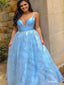 Gorgeous Blue A-Line Spaghetti Straps V Neck Sequin Maxi Long Party Prom Dresses,Evening Gowns,FM70